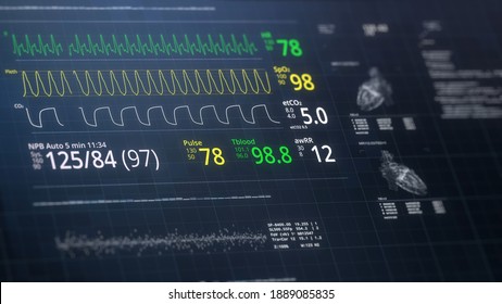 Heart Scanning Illustration. Patient Vital Life Signs Such As Heart Rate, Blood Pressure, Oxygen Saturation. EKG Monitor In ICU. Hospital Monitoring. Futuristic Laboratory Display. Hi-tech Screen