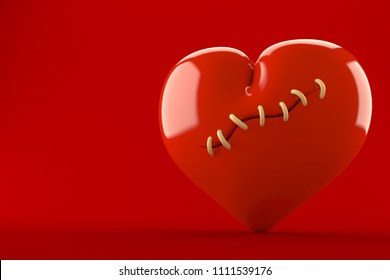 Heart With Scar Isolated On Red Background. 3d Illustration