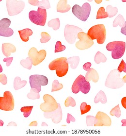 Heart Seamless Watercolor Pattern With Colorful Symbols Love. Illustration For Valentine Day, Birthday Or Wedding. 