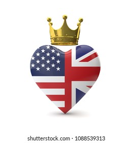 Heart Shape With American And Great Britain Flag With Gold Crown. Royal Wedding Concept. 3D Rendering