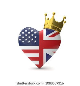 Heart Shape With American And Great Britain Flag With Gold Crown. Royal Wedding Concept. 3D Rendering