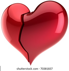 Heart Shape Broken Two Parts Piece Red Couple Failure Love Symbol Lonely Depression Divorce Abstract Saint Valentine's Day Greeting Card Design Element. 3d Render Isolated On White Background