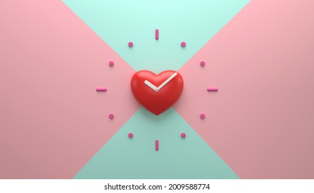 Heart Shape Clock On The Wall Loving Time 3D Rendering Illustration