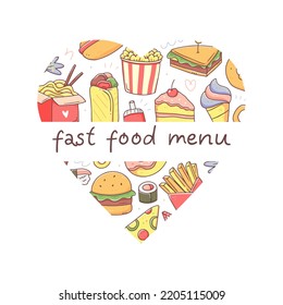 Heart Shape With Fast Food And Fast Food Menu Text. Isolated Junk Food Clipart Illustration