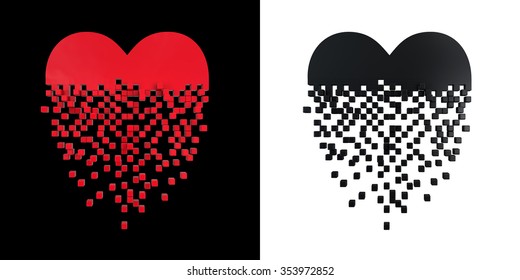 Heart Shape Has Being Breaking Down Into Small Cubes, Two Different Colors Isolated