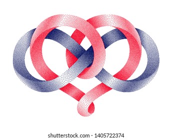Heart shape and infinity symbol made of intertwined stippled mobius strips.. Eternal love sign. 3d illustration isolated on a white background.