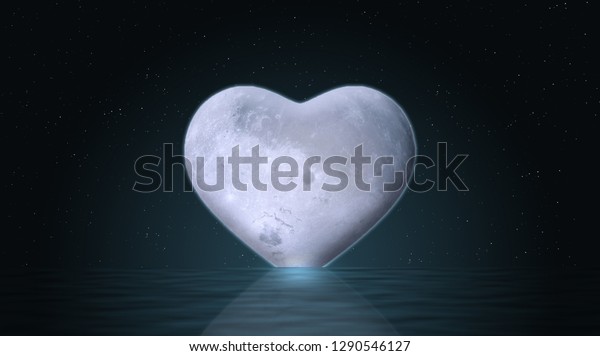heart shape moon rising on sea surface. love\
concept valentine\
background