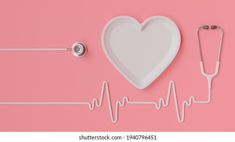 Heart Shape Plate With Stethoscope And Line Looks Like Heart Wave Chart On Pink Background. Food And Healthy Idea Concept, 3D Render.