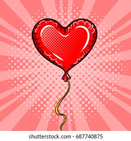 Heart Shape Red Balloon Pop Art Retro Raster Illustration. Comic Book Style Imitation. Love Symbol.