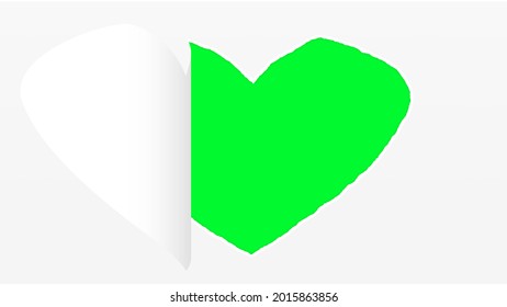 Heart Shape Tear On Page And And The Paper Turn To Side For Text Placement And Copy Space On Green Screen