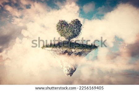 Heart shape tree on floating island in clouds. Love, fantasy land and Valentine's Day concept 3d render