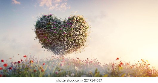Heart shape tree on spring grassy meadow. Love, fantasy land and Valentines Day concept. 3d render
