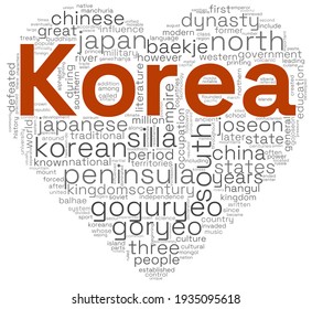 Heart shape wordcloud, or wordle, summarizing the main information about Korea. A visual design with a white background.