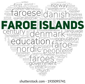 Heart shape wordcloud  wordle  summarizing the main information about Faroe Islands  A visual design and white background 