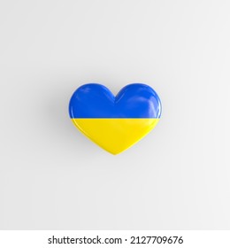 Heart shaped badge with the national flag of Ukraine as a symbol of patriotism and pride in one's country. State symbol of Ukraine on a glossy badge. 3D rendering