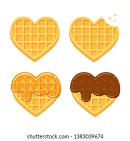 Heart Shaped Belgian Waffles. Plain, With Chocolate And Syrup. Cute Cartoon Illustration Set.