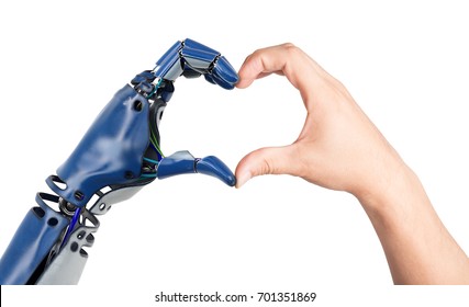 Heart Shaped By Human And Robot Hands. Isolated On White Background. 3D Illustration.