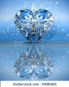 Heart shaped diamond over blue with reflection. Extralarge resolution. Other gems are in my portfolio.