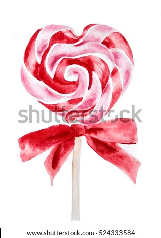 Heart shaped red pink candy lollipop on a stick watercolor illustration, art print