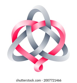 Heart sign with triquetra knot made of pink and silver intertwined mobius stripes. Symbol of harmonic eternal love. 3d illustration isolated on a white background.