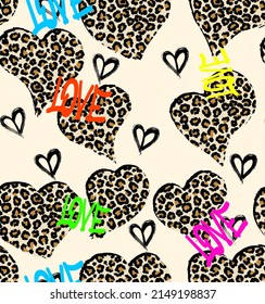 Heart signs seamless pattern and stylized leopard pattern inside the heart. writing pattern. grunge pink concept background Love, beauty, fashion. One continuous line drawing and spots of animal skin