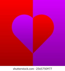 A heart split in two with red and pink halves, over a gradient purple and red background, creating a bold visual contrast. valentine day. 