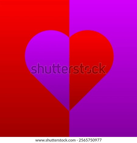 A heart split in two with red and pink halves, over a gradient purple and red background, creating a bold visual contrast. valentine day. 