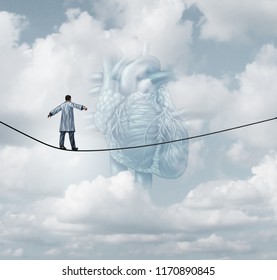 Heart Surgery Medical Risk As A Cardiologist Or Surgeon Doctor Walking On A Tight Rope High Wire As A Pulmonary Cardiovascular Health Care Insurance Concept In A 3D Illustration Style.