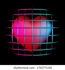 Heart Symbol Behind Bars On Black. 3d Rendering