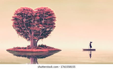 Heart tree on island with woman on a boat and man reflection ,surreal love concept artwork, imagination art, fantasy landscape painting, dreamlike illustration, love romantic concept - Powered by Shutterstock