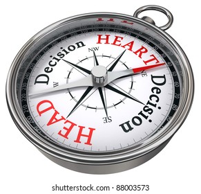 heart versus head decision concept compass isolated on white background
