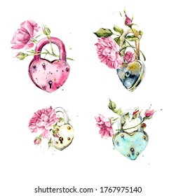 Heart-locks with pink roses branch. Wedding drawing. Watercolor hand drawn illustration	
