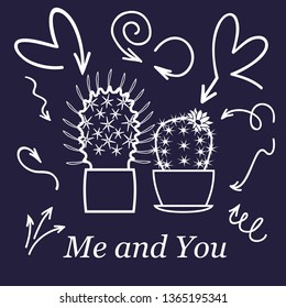 Hearts and cactus. Cute love or friendship cactus couple on valentine doodle card with affection hearts in white line on dark background - Powered by Shutterstock