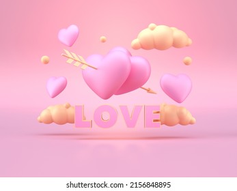 Hearts With Cupid Arrow. 3D Render