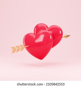 Hearts With Cupid Arrow. Valentine's Day Background. 3d Rendering Illustration.