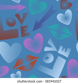 Hearts, cupid's arrow, lipstick kisses and love word seamless pattern. Romantic love symbols in blue, orange and violet colors.