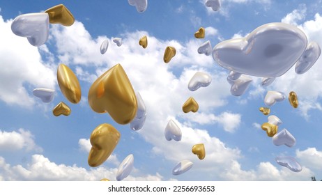Hearts Fall on Sky Background 3d render