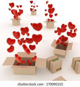 Hearts flying out of boxes. 3d render illustration on white background