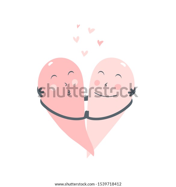 Hearts\
hugging funny love print. Cute hearts parts hug and kiss lovers.\
One heart divided by two loving part concept.\
