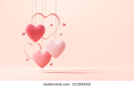 Hearts on pink background for Valentine days. copy space, 3d render