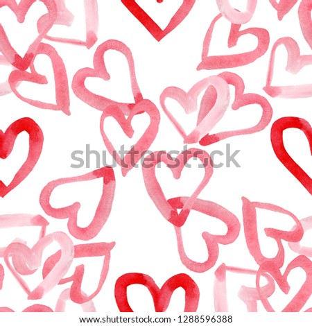 Hearts seamless pattern. Valentines Day handwritten background. 14 february background. Hand drawn watercolor ornament, texture on white background. Wedding template. Cute Packaging paper and postcard