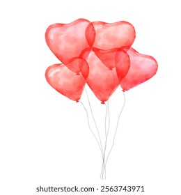 Heart-shaped balloons on strings in a bundle. Watercolor digital illustration. Red valentine hearts isolated on white background. For decor of cards, invitations, Valentine's Day and wedding