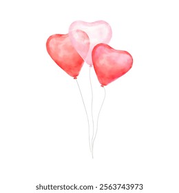 Heart-shaped balloons on strings in a bundle. Watercolor digital illustration. Red and pink valentine hearts isolated on white background. For decor of cards, invitations, Valentine's Day and wedding