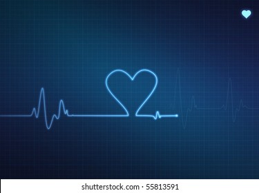 Heart-shaped Blip On A Medical Heart Monitor (electrocardiogram) With Blue Background And Heart Symbol