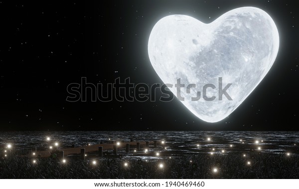 A heart-shaped full moon with full stars in the\
sky. The moon reflected on the water\'s surface. Fireflies on the\
grass, there are flowers on the field. romantic atmosphere of\
valentine. 3D\
Rendering