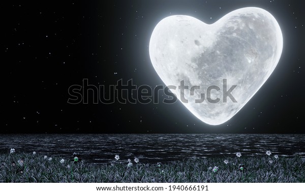 A\
heart-shaped full moon with full stars in the sky. The moon\
reflected on the water\'s surface.\
The grass has flowers on the\
field. Romantic atmosphere of valentine. 3D\
Rendering