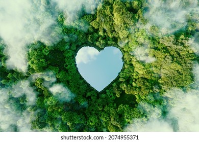 A heart-shaped lake in the middle of untouched nature - a concept illustrating the issues of nature conservation, bio-products and the protection of forests and woodlands in general. 3d rendering.