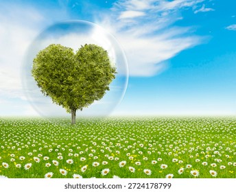 Heart-shaped tree in a soap bubble in an imaginary landscape