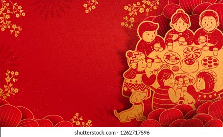 Heartwarming Reunion Dinner During Lunar New Year In Paper Art, Red And Golden Color Tone