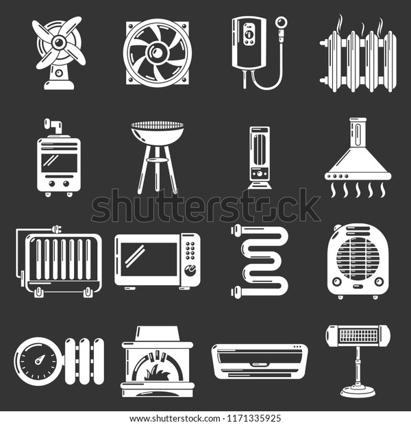Heat cool air flow tools icons set white isolated on\
grey background 